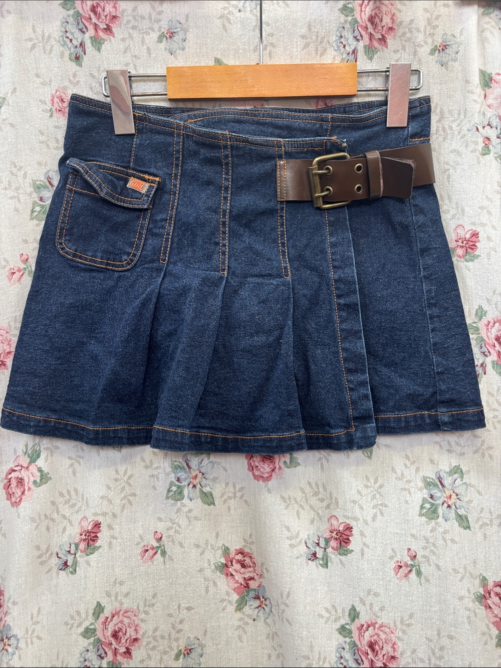 La SENZA Dark Blue Denim Pleated Mini Skirt Y2K